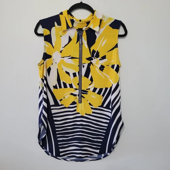 Frank Lyman Collared Stripe Floral Sleeveless Top Size 8 Half Zip Rhinestones - Picture 2 of 10